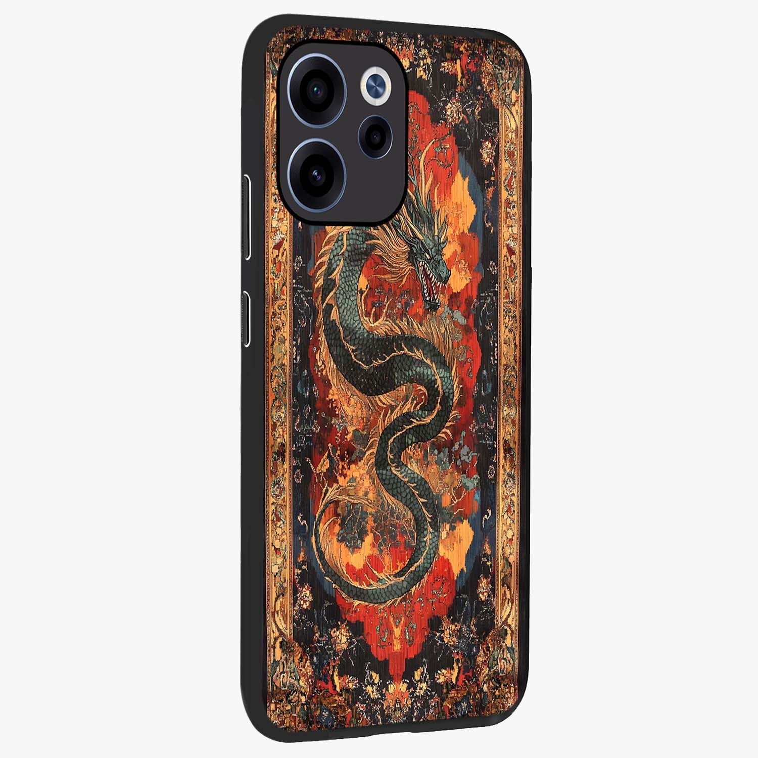 Inferno Dragon Soul Glass Case upright view showcasing intense dragon artwork with fantasy fire theme.