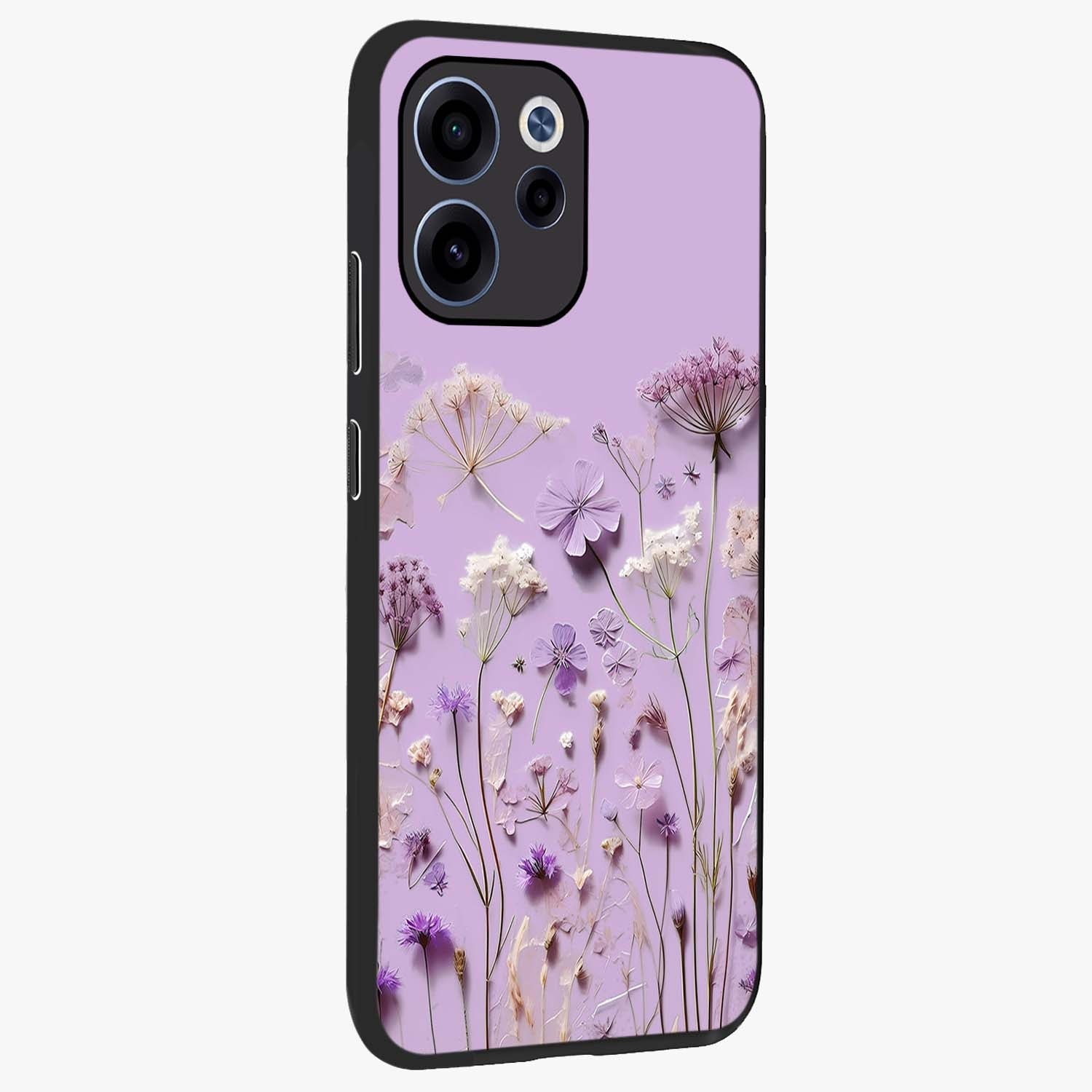 Lavender Blossom Dream Glass Case upright view showcasing delicate lavender blossom artwork with peaceful floral theme.