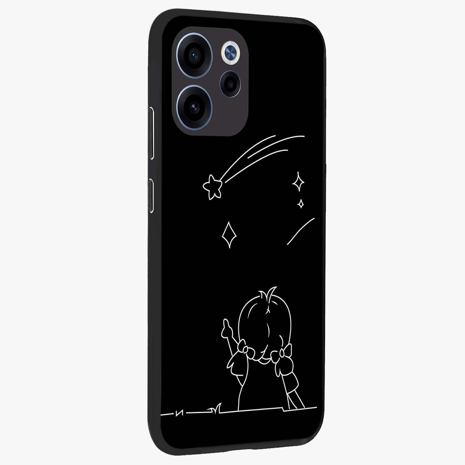 Line Art Girl With Shooting Stars Glass Case upright view showcasing delicate shooting stars artwork with minimal artistic theme.