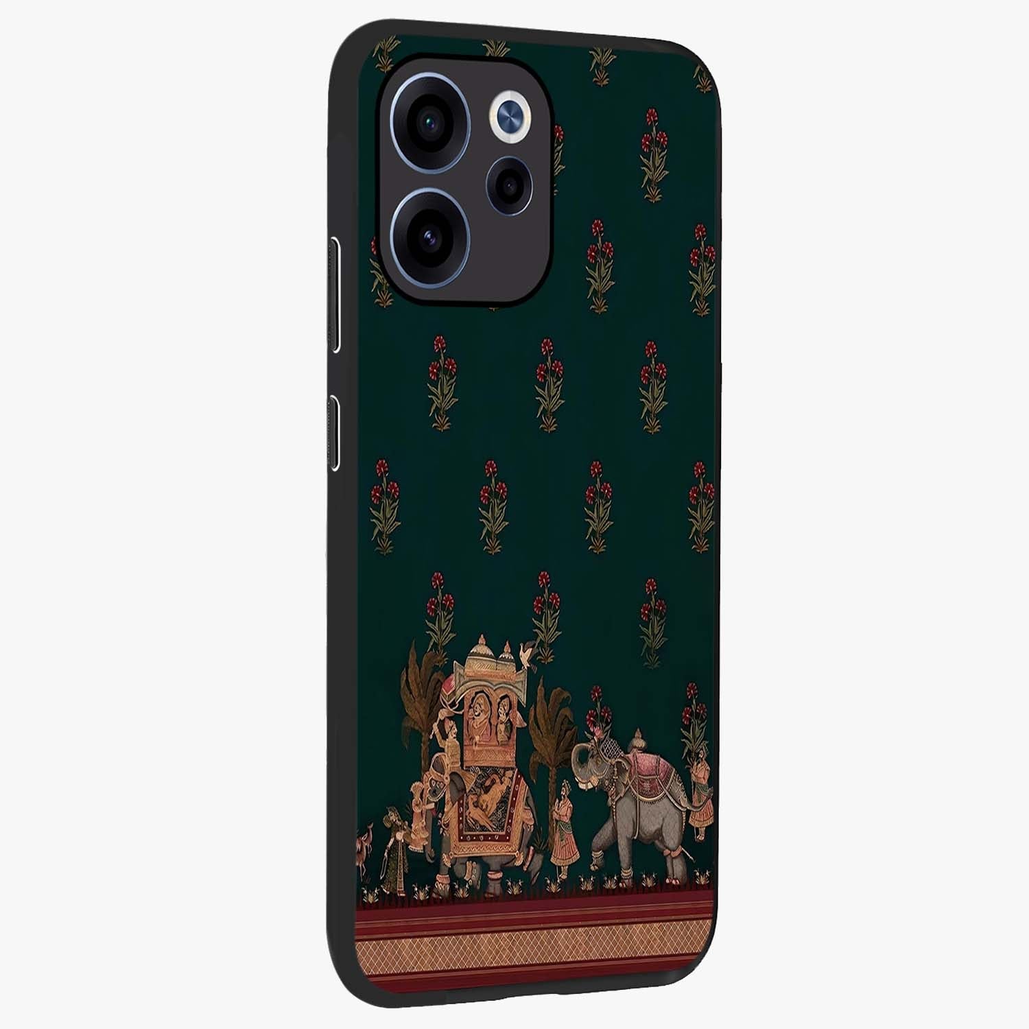 Macmerise Glass Case upright view showcasing bold artistic artwork with contemporary design theme.