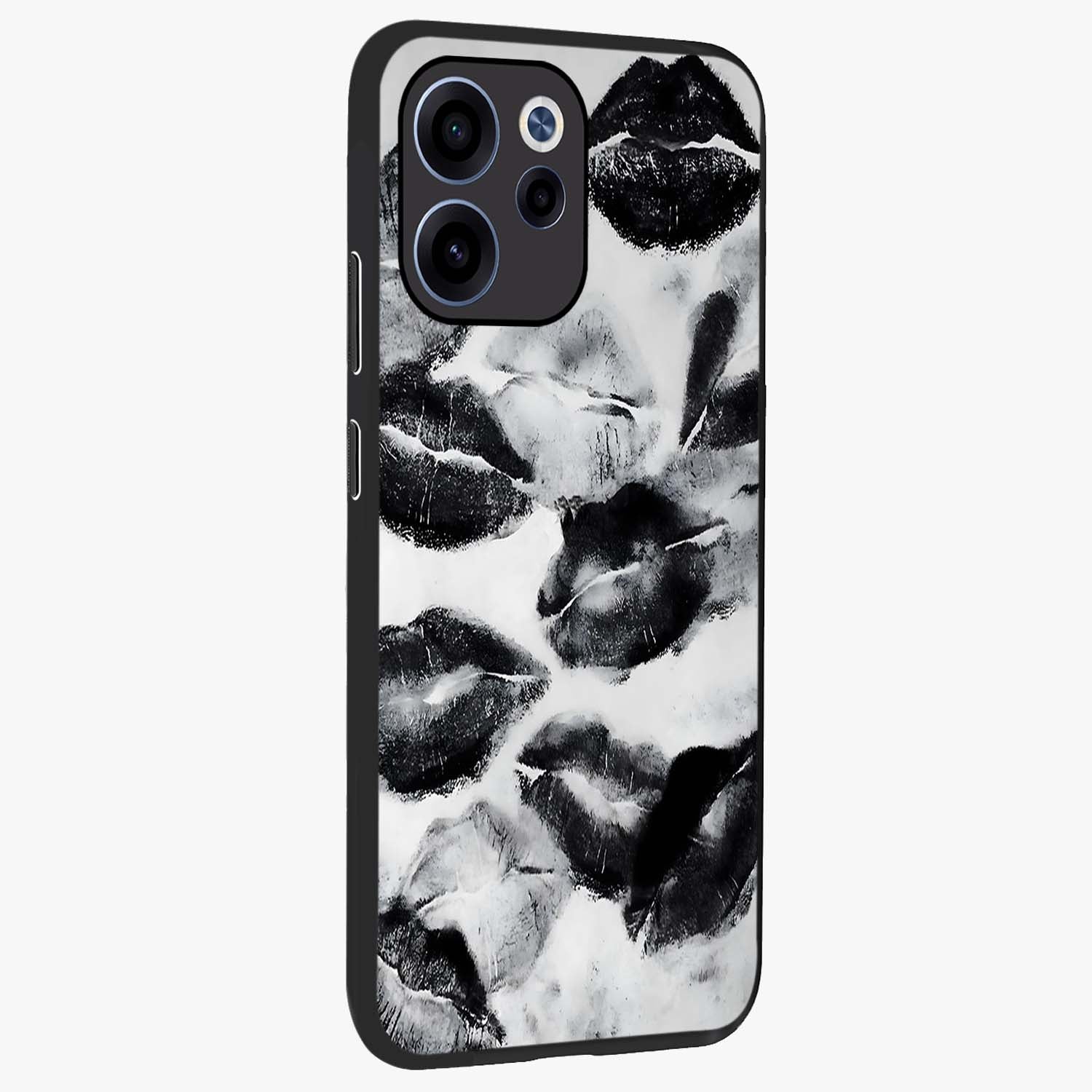 Midnight Kiss Marks Glass Case upright view showcasing stylish kiss mark artwork with trendy romantic theme.