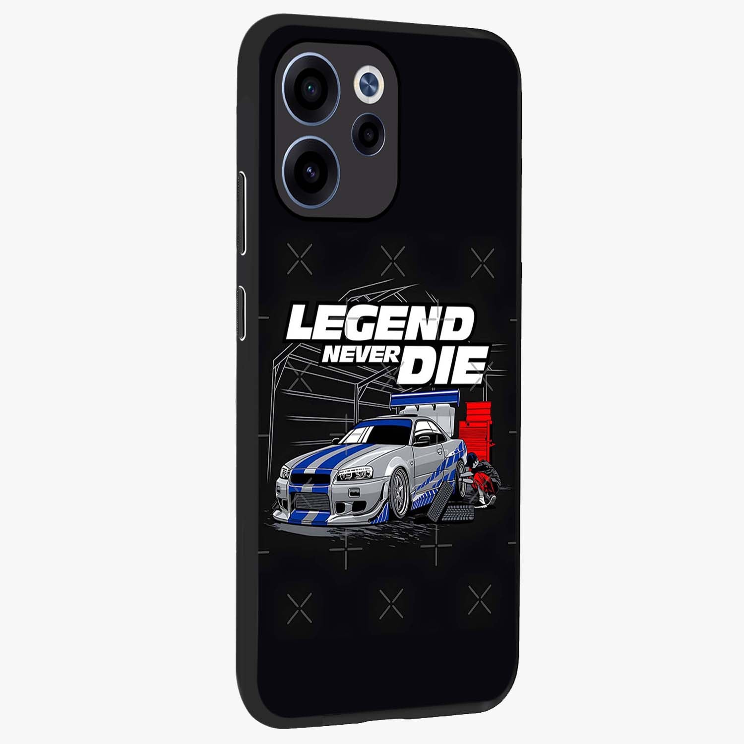 Midnight Racing Legacy Glass Case upright view showcasing powerful racing artwork with modern sports theme.