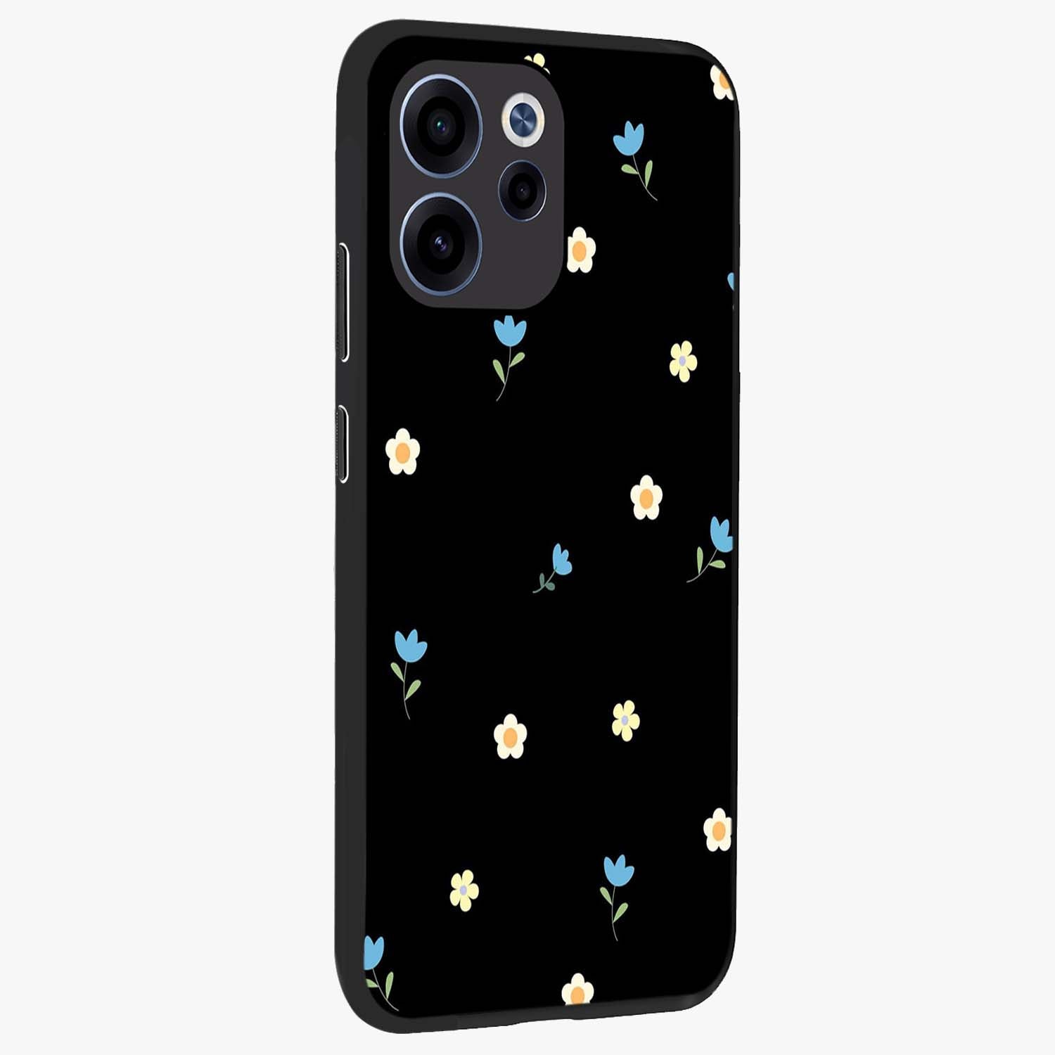 Minimal Petal Whispers Glass Case upright view showcasing elegant floral artwork with modern minimalist style.