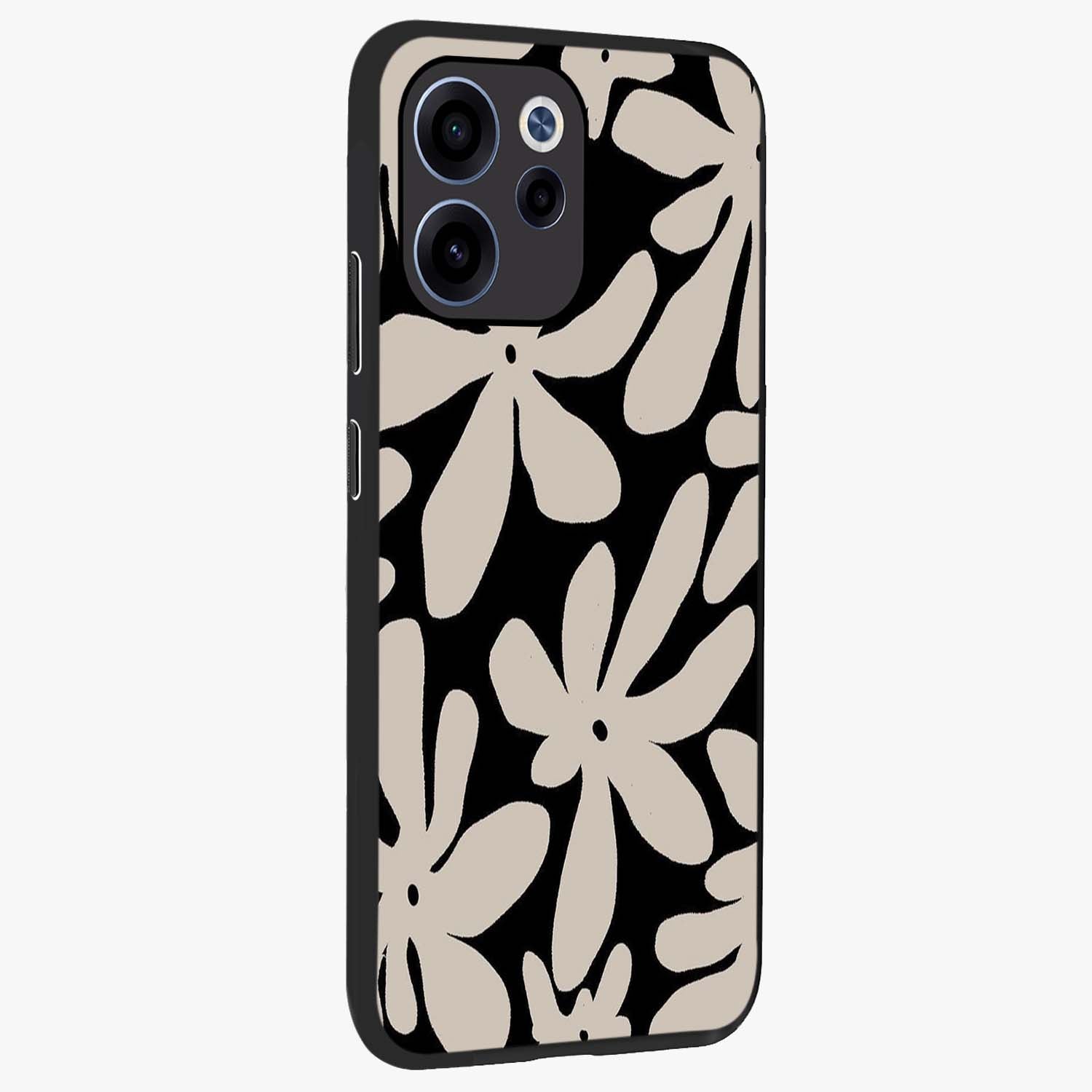 Monochrome Petal Dance Glass Case upright view showcasing artistic floral pattern with stylish monochrome theme.