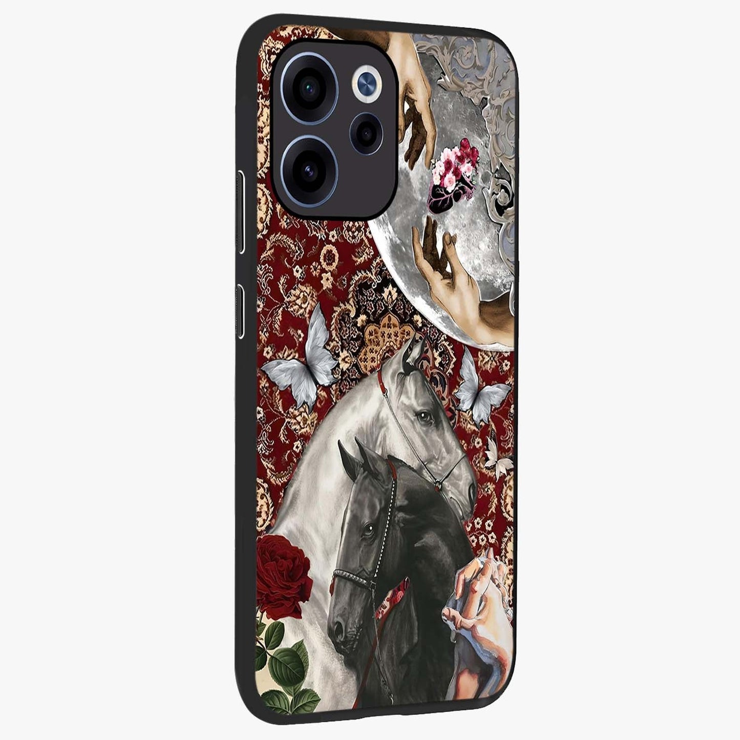 Moonlit Royal Stallion Glass Case upright view showcasing dramatic horse artwork with glowing moon themed design.