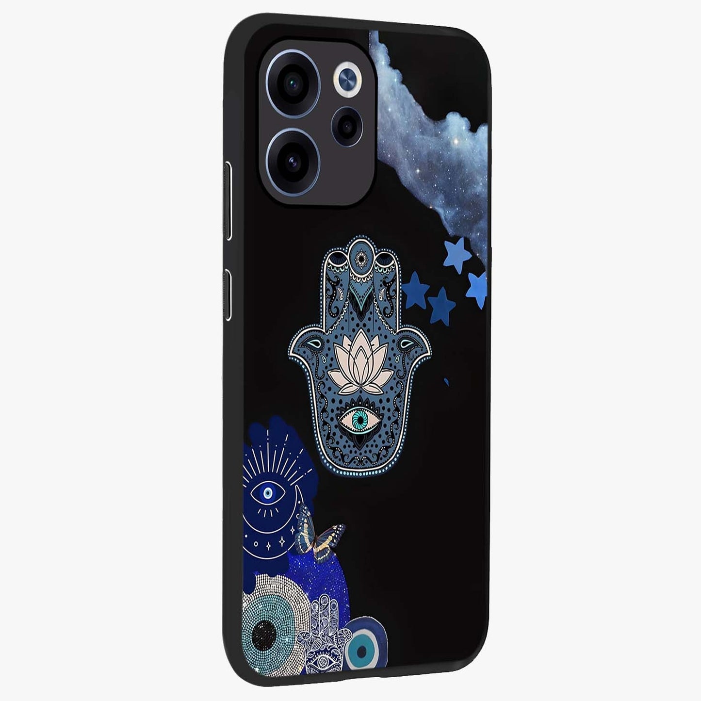 Mystic Hand Aura Glass Case upright view showcasing symbolic hand artwork with mystical energy theme.