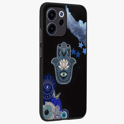 Mystic Hand Aura Glass Case upright view showcasing symbolic hand artwork with mystical energy theme.