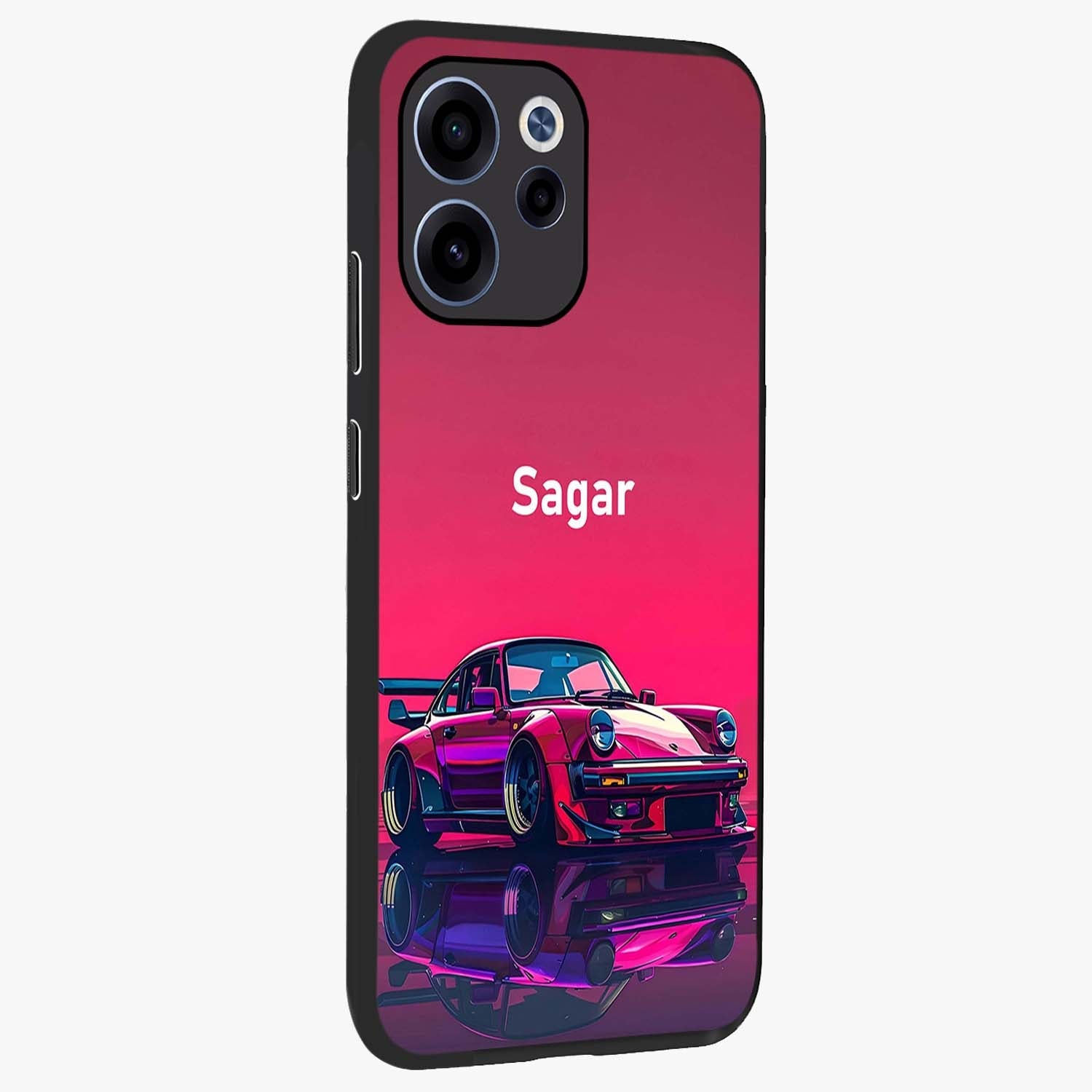 Neon Pink Porsche Glass Case upright view showcasing vibrant sports car artwork with bold automotive theme.