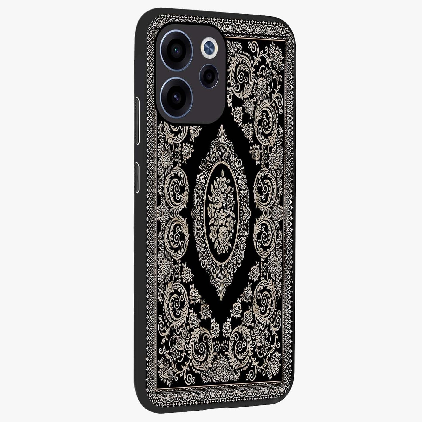 Noir Bloom Elegance Glass Case upright view showcasing graceful floral artwork with luxurious dark theme.