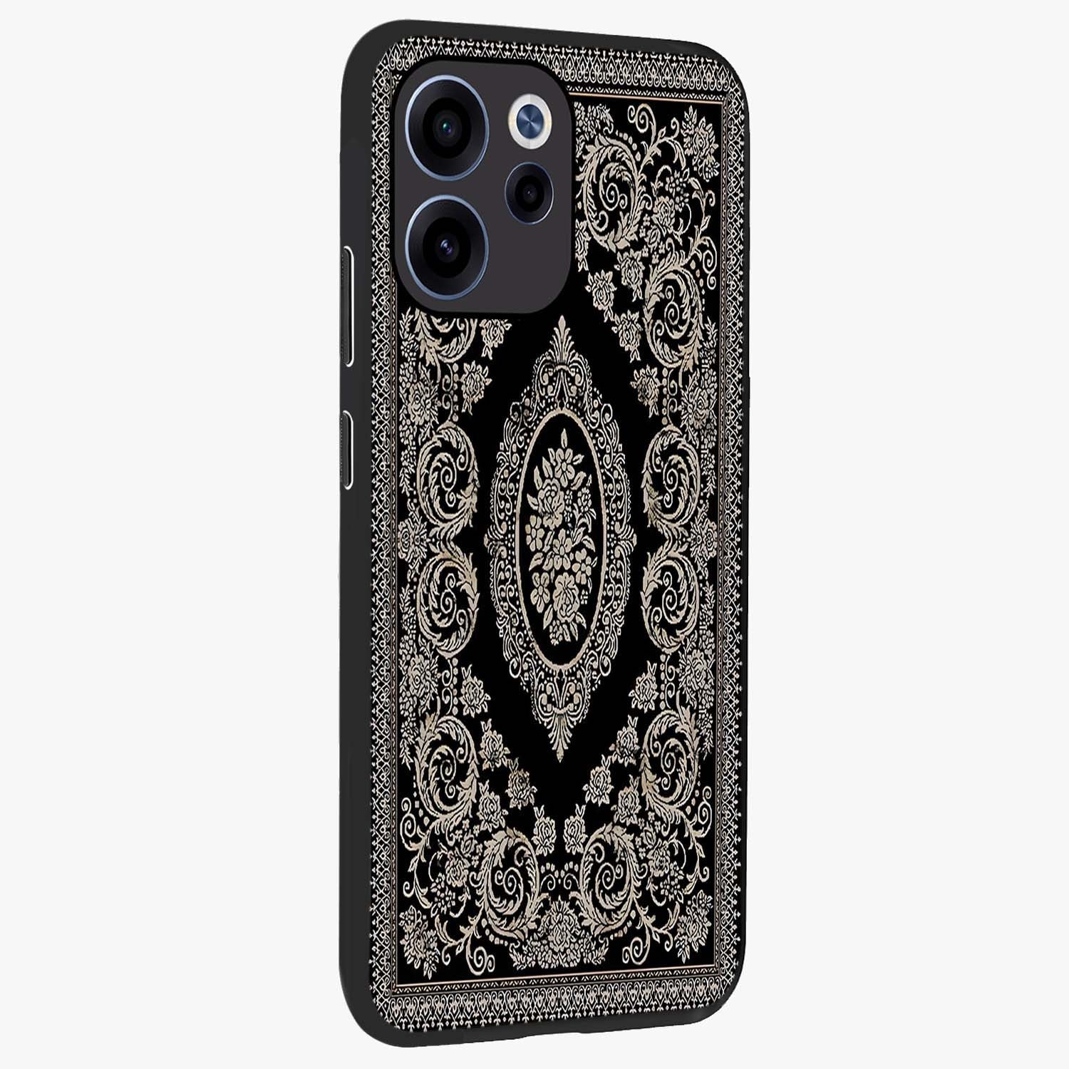 Noir Bloom Elegance Glass Case upright view showcasing graceful floral artwork with luxurious dark theme.