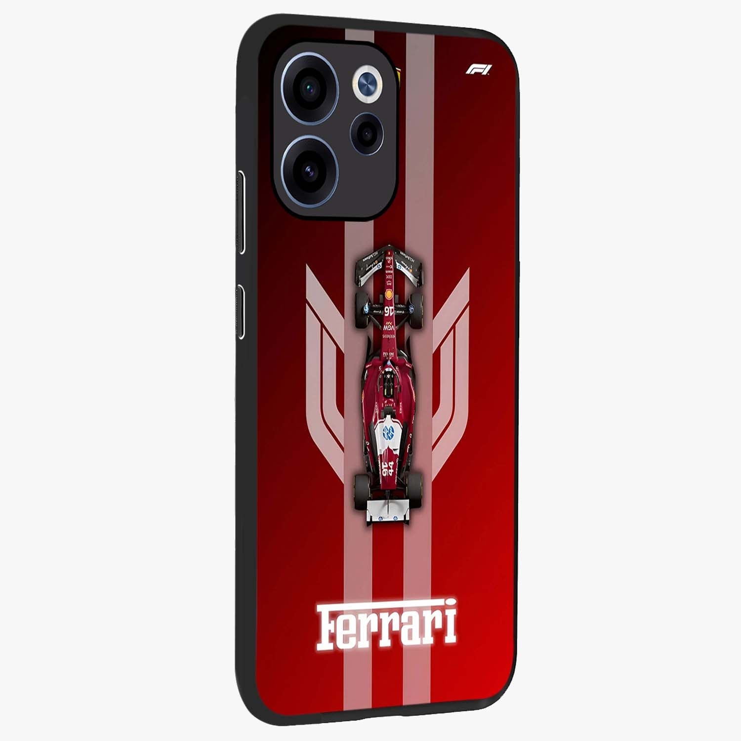 Red Ferrari F1 Vertical Glass Case upright view showcasing powerful Formula car artwork with dynamic motorsport theme.