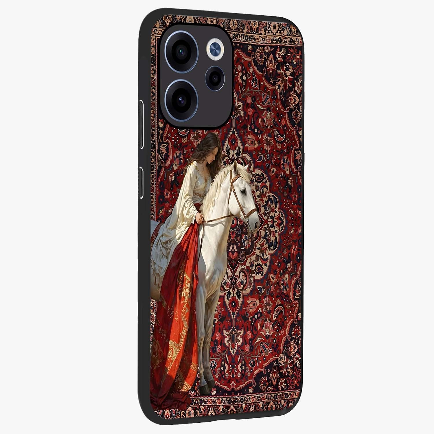 Royal Rider Tapestry Glass Case upright view showcasing detailed rider artwork with classic tapestry theme.