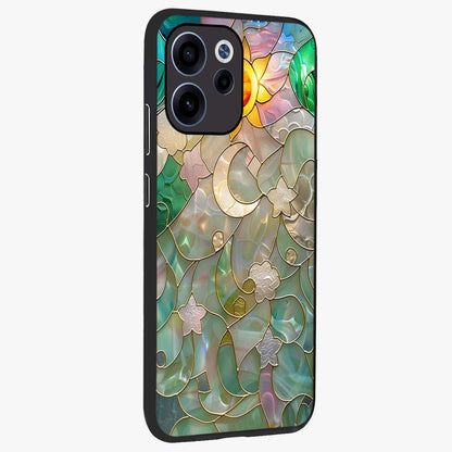 Stained Sunrise Glow Glass Case upright view showcasing colorful sunrise artwork with warm morning theme.