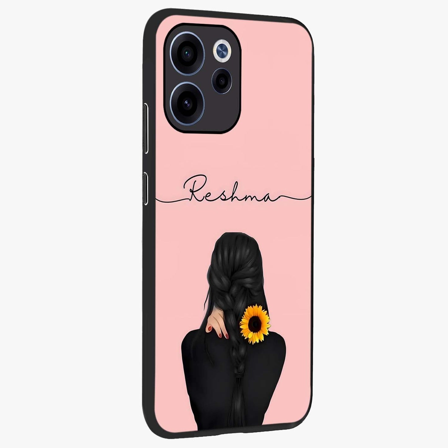 Sunflower Braid Beauty With Custom Name Glass Case upright view showcasing bright sunflower artwork with personalized floral aesthetic.