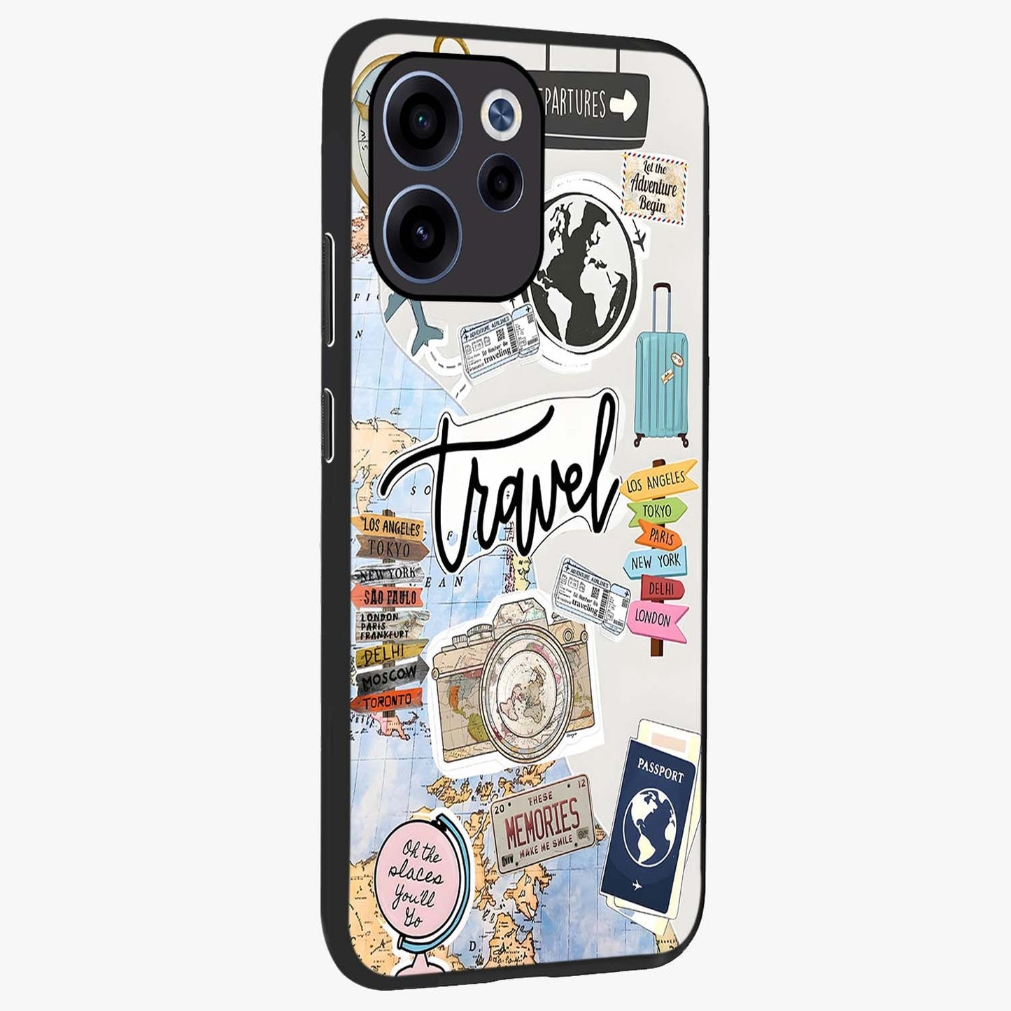 Wanderlust Journal Glass Case upright view showcasing wanderlust inspired artwork with creative exploration theme.