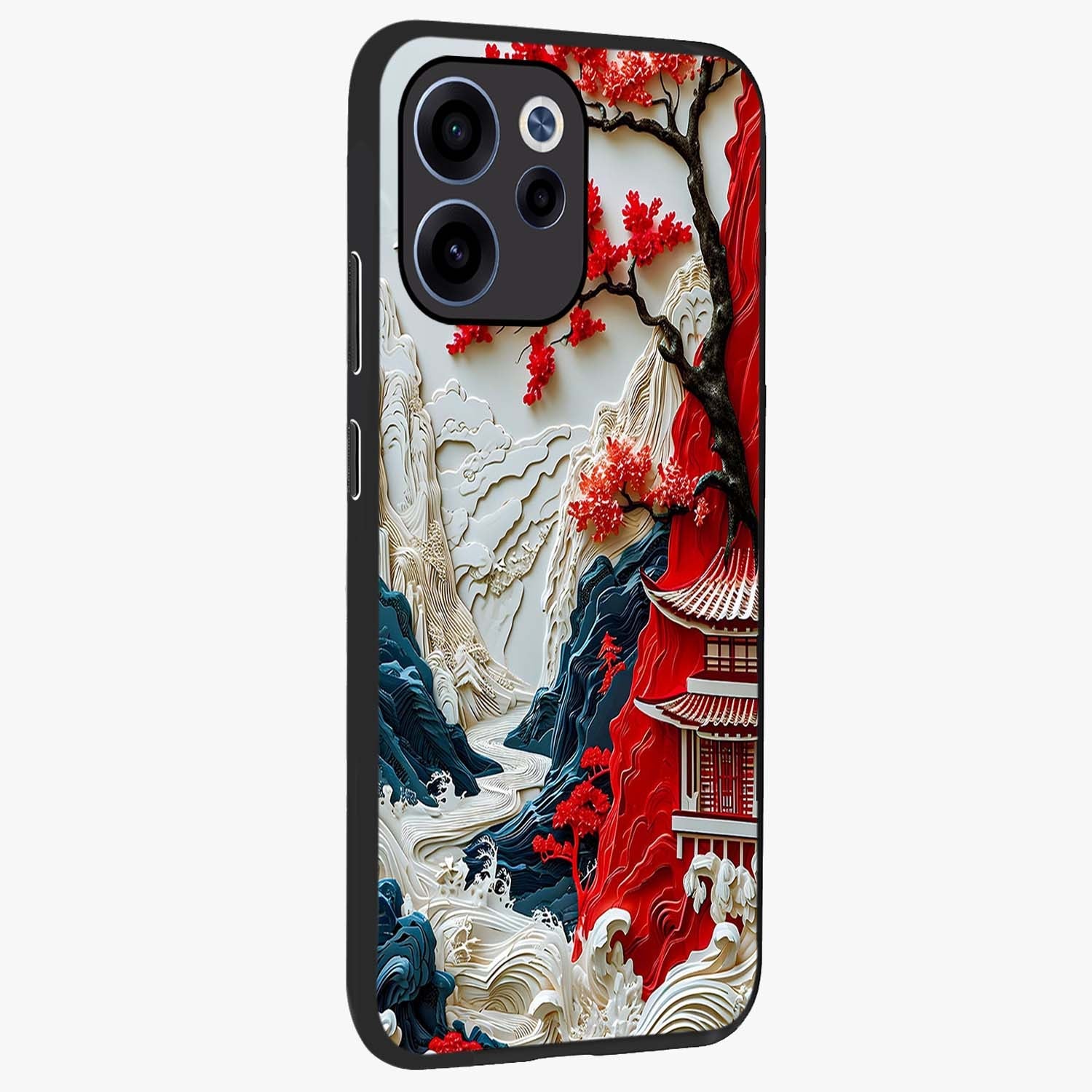 Whispers Of Sakura Waves Glass Case upright view showcasing delicate cherry blossom artwork with elegant nature theme.