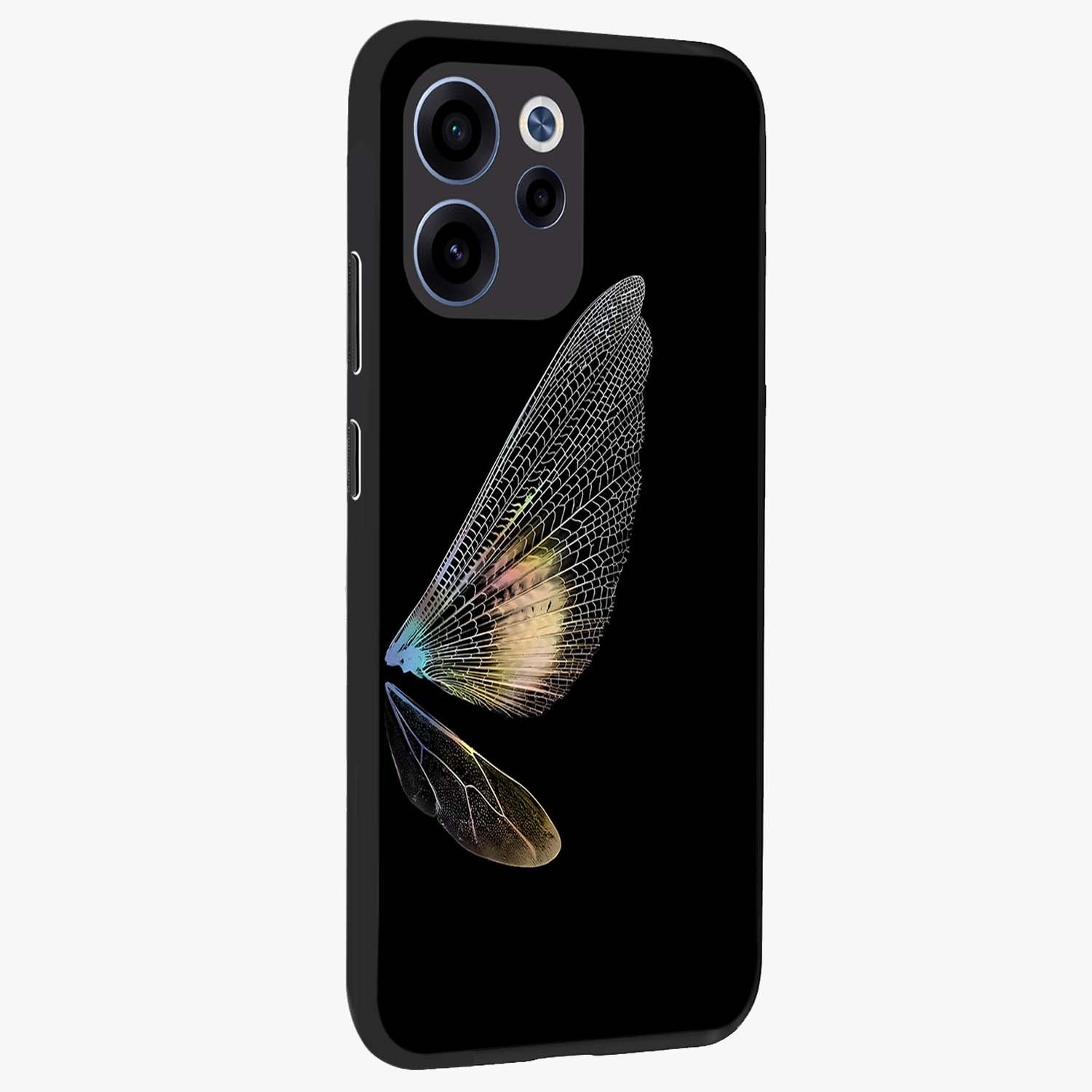 Whispers Of Wings Glass Case upright view showcasing elegant wing artwork with light airy theme.