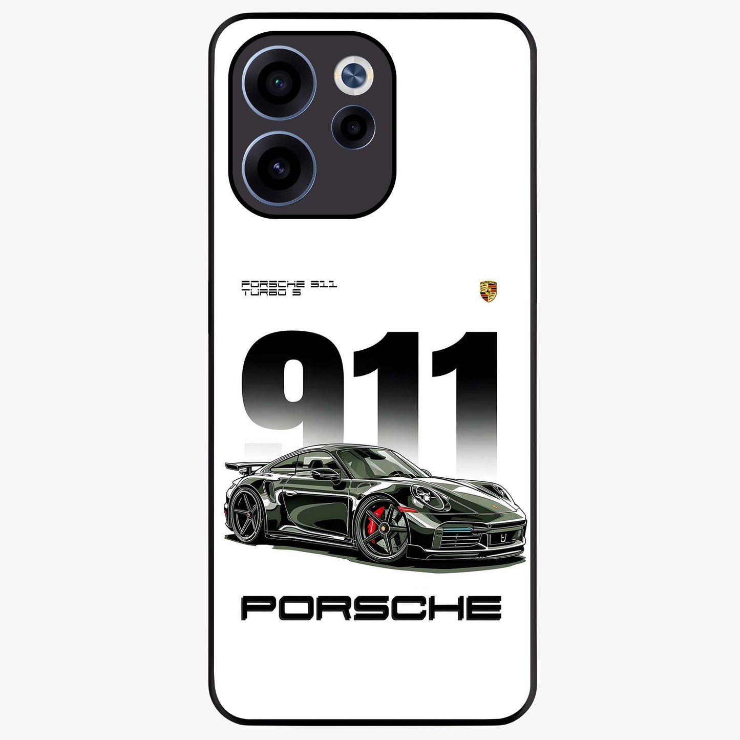 911 Turbo Dominance Glass Case showing clean flat back view with bold 911 sports car artwork and glossy glass finish.