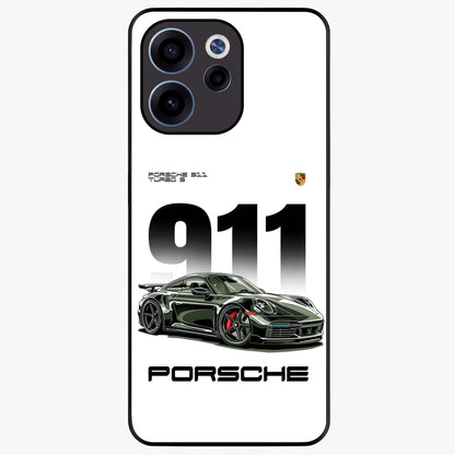 911 Turbo Dominance Glass Case showing clean flat back view with bold 911 sports car artwork and glossy glass finish.