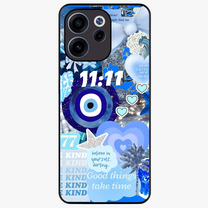 Aesthetic Be Kind Eye Glass Case showing flat back view with motivational eye artwork and glossy glass finish.