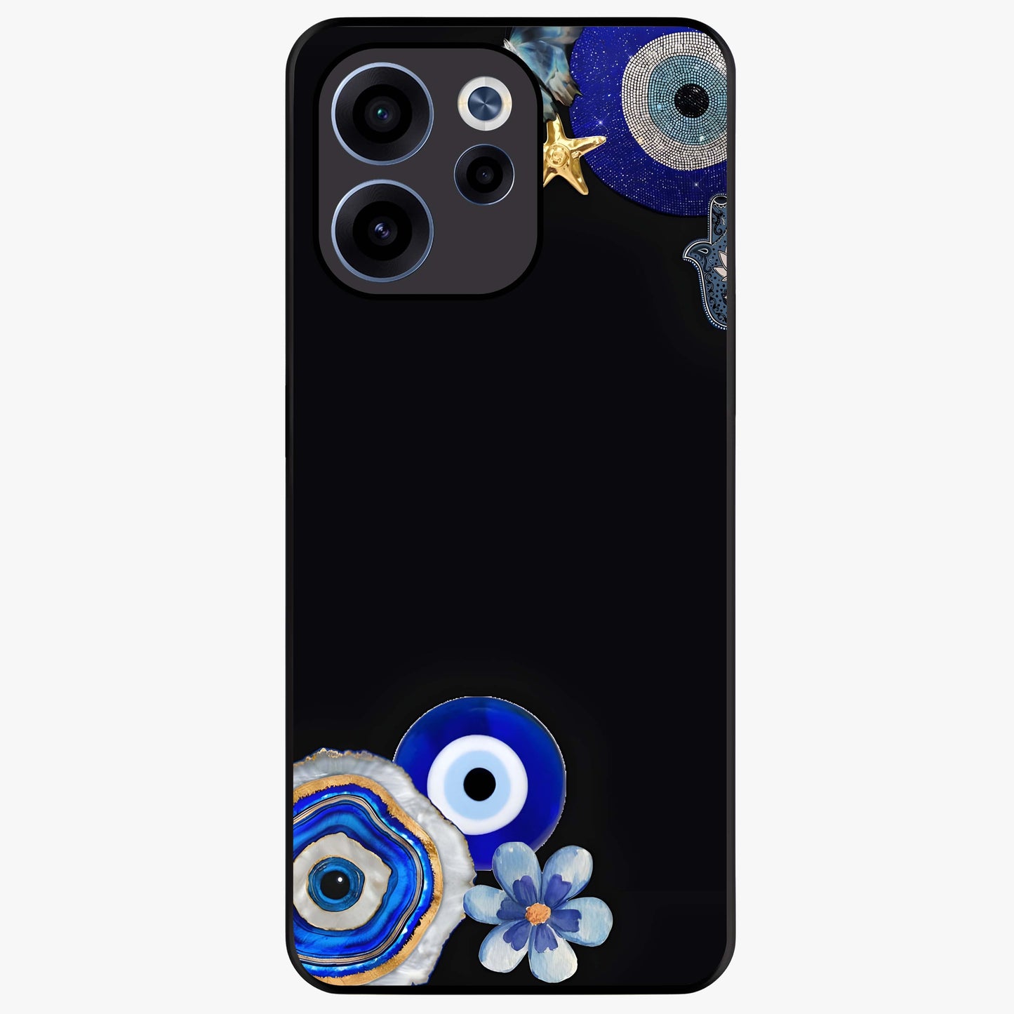 Aesthetic Blue Evil Eye Glass Case showing flat back view with protective evil eye artwork and glossy glass finish.