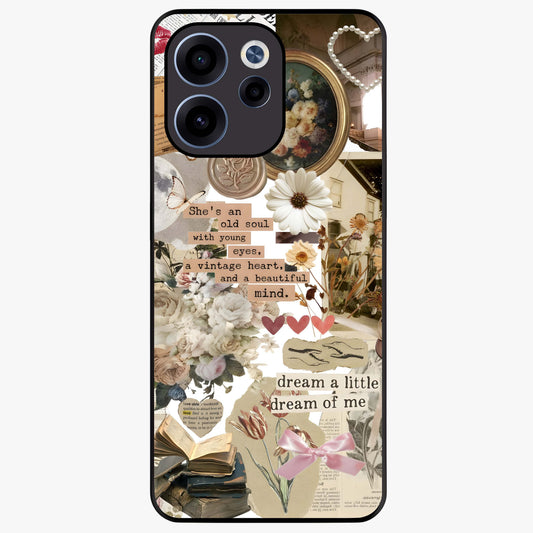 Aesthetic Brown Vintage Collage Glass Case showing flat back view with retro collage artwork and glossy glass finish.