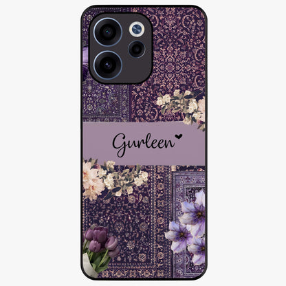 Antique Floral Whisper Custom Name Glass Case showing flat back view with vintage floral artwork and personalized name design.