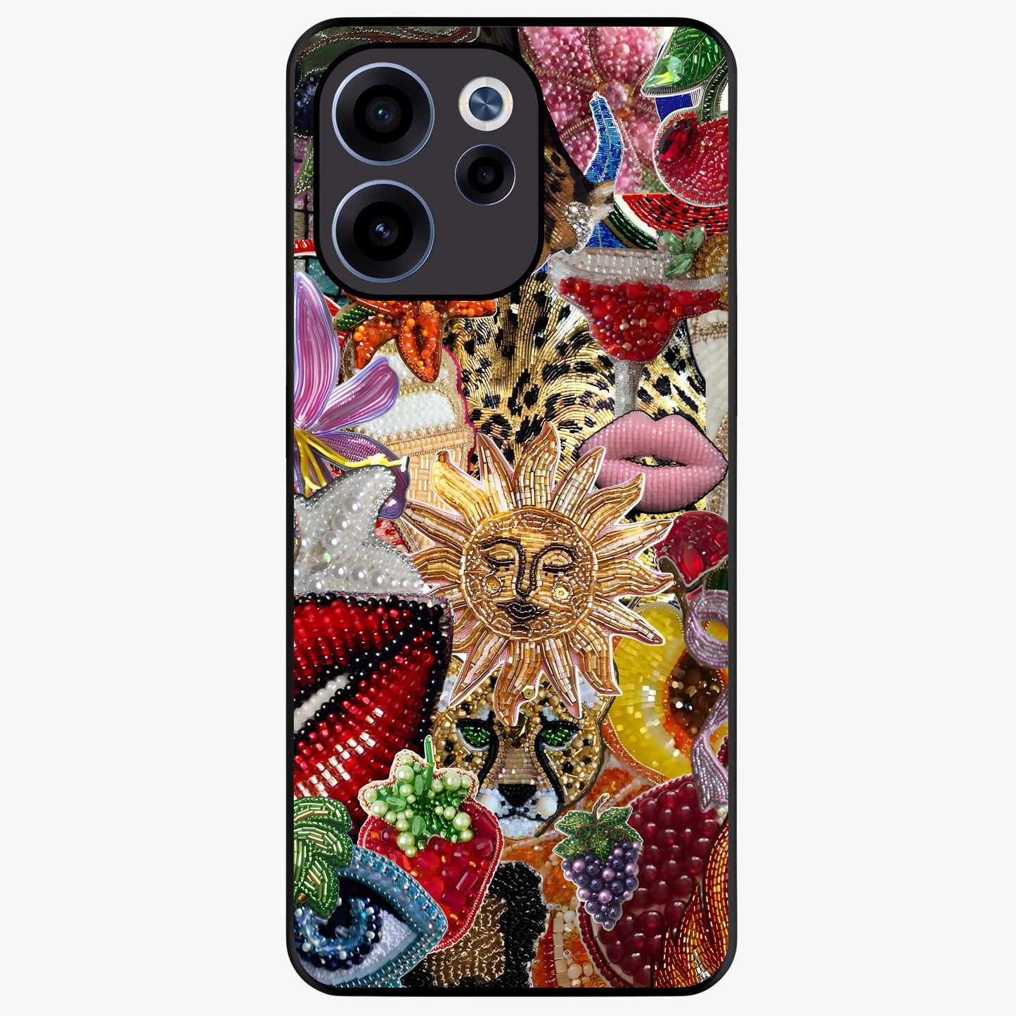 Beaded Fashion Jungle Glass Case showing flat back view with vibrant jungle inspired bead artwork and glossy glass finish.