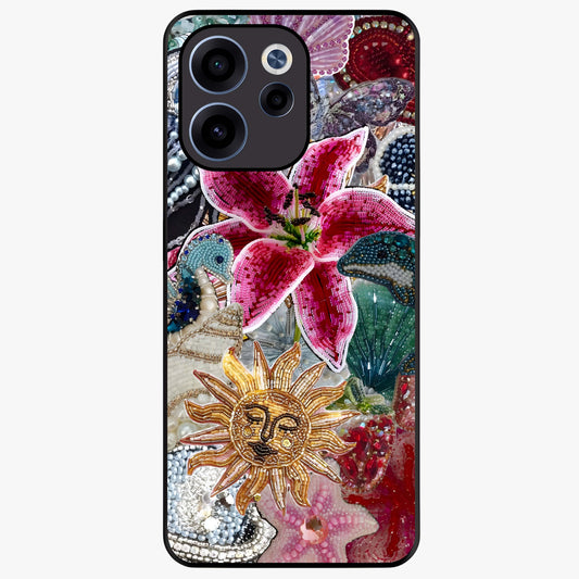 Beaded Garden Fantasy Glass Case showing flat back view with dreamy garden bead artwork and glossy glass finish.