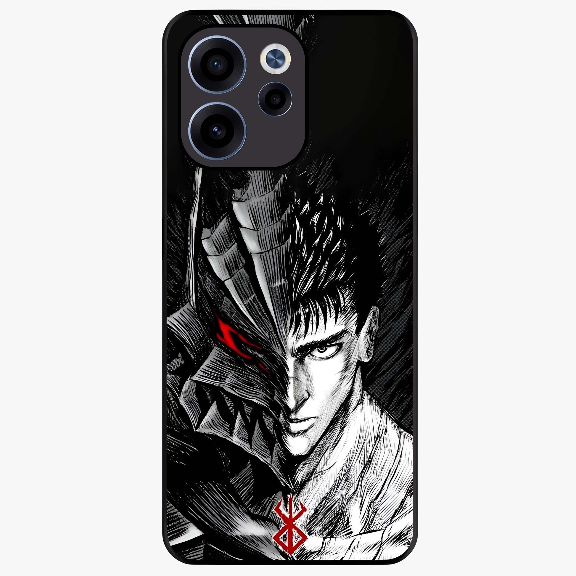 Berserker Blood Oath Glass Case showing flat back view with fierce warrior inspired artwork and glossy glass finish.