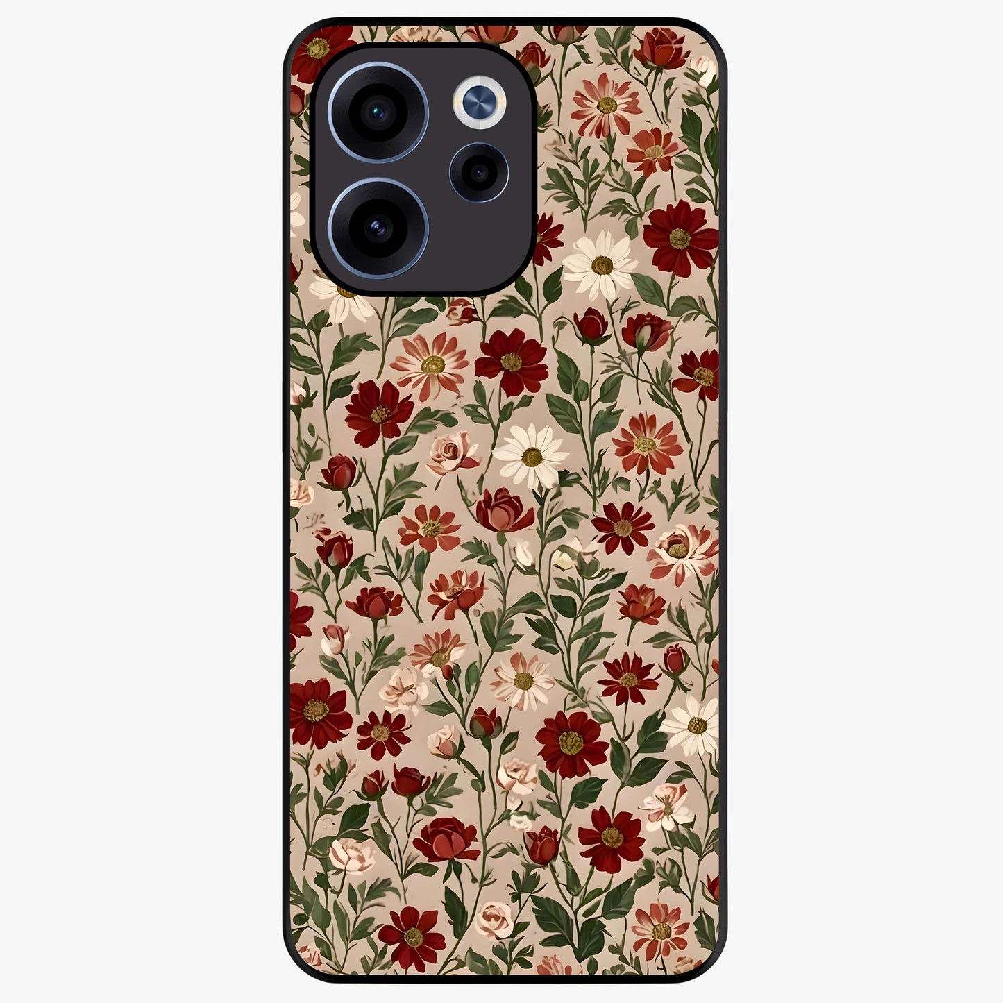 Biege Flower With Leaf Glass Case showing flat back view with soft beige floral artwork and glossy glass finish.
