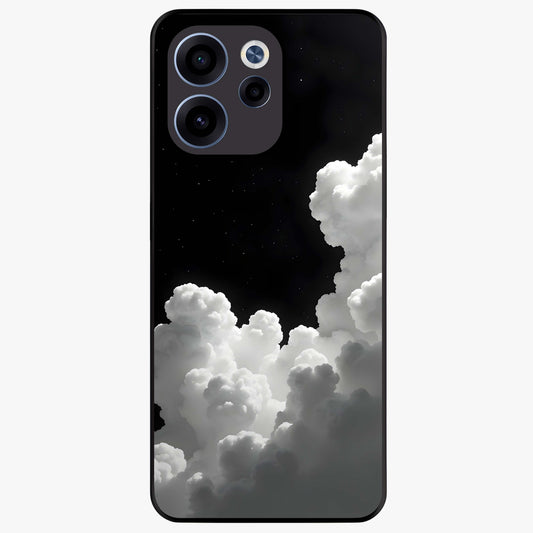 Black Background With White Cloud Glass Case showing flat back view with minimal cloud artwork on dark background and glossy glass finish.