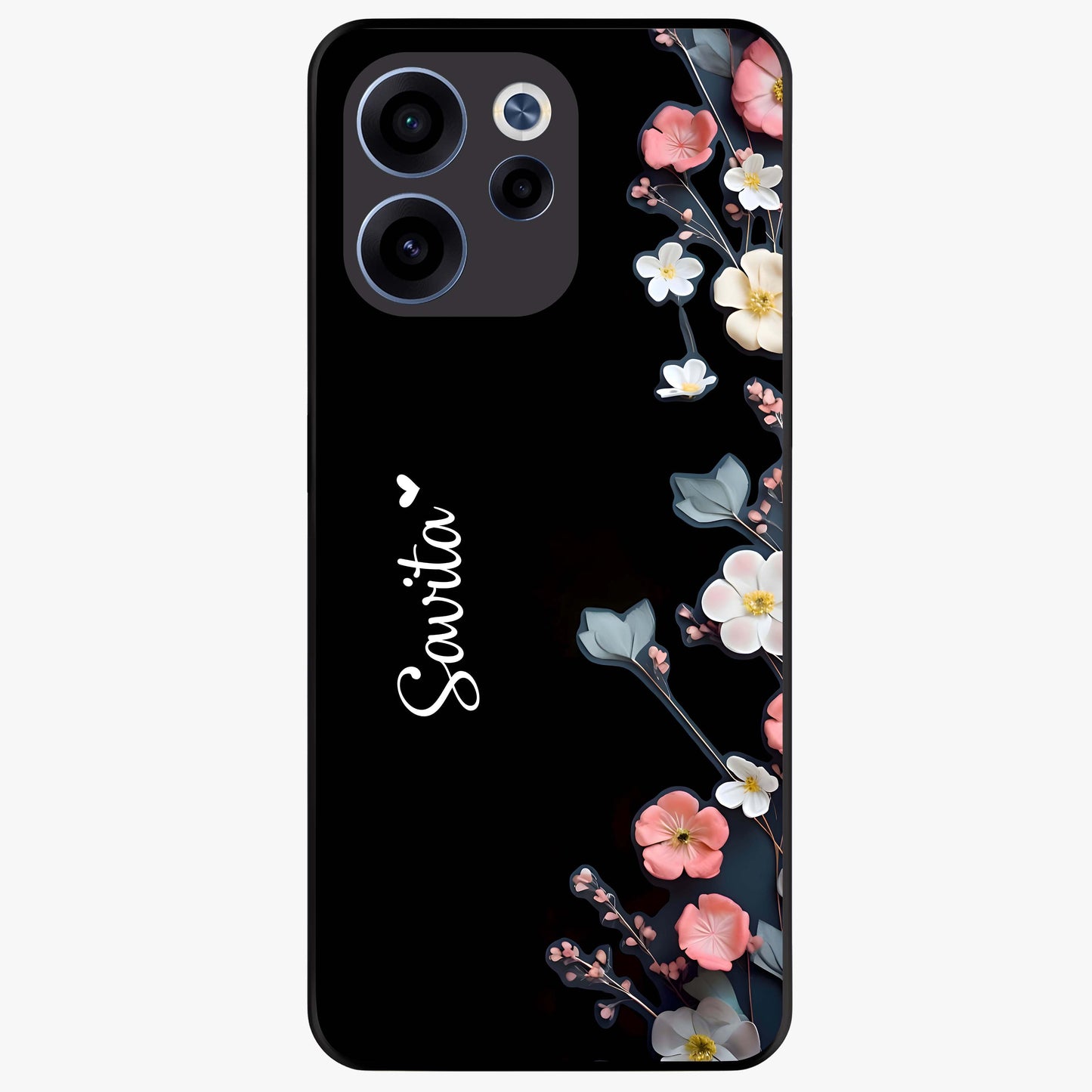 Black Elegance Floral Custom Name Glass Case showing flat back view with elegant floral artwork and personalized name design.