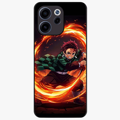 Blazing Sword Resolve Glass Case showing flat back view with fiery sword artwork and glossy glass finish.