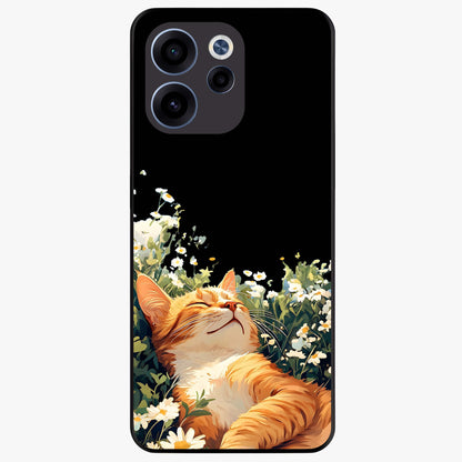 Blissful Bloom Cat Glass Case showing flat back view with cute cat and floral bloom artwork and glossy glass finish.