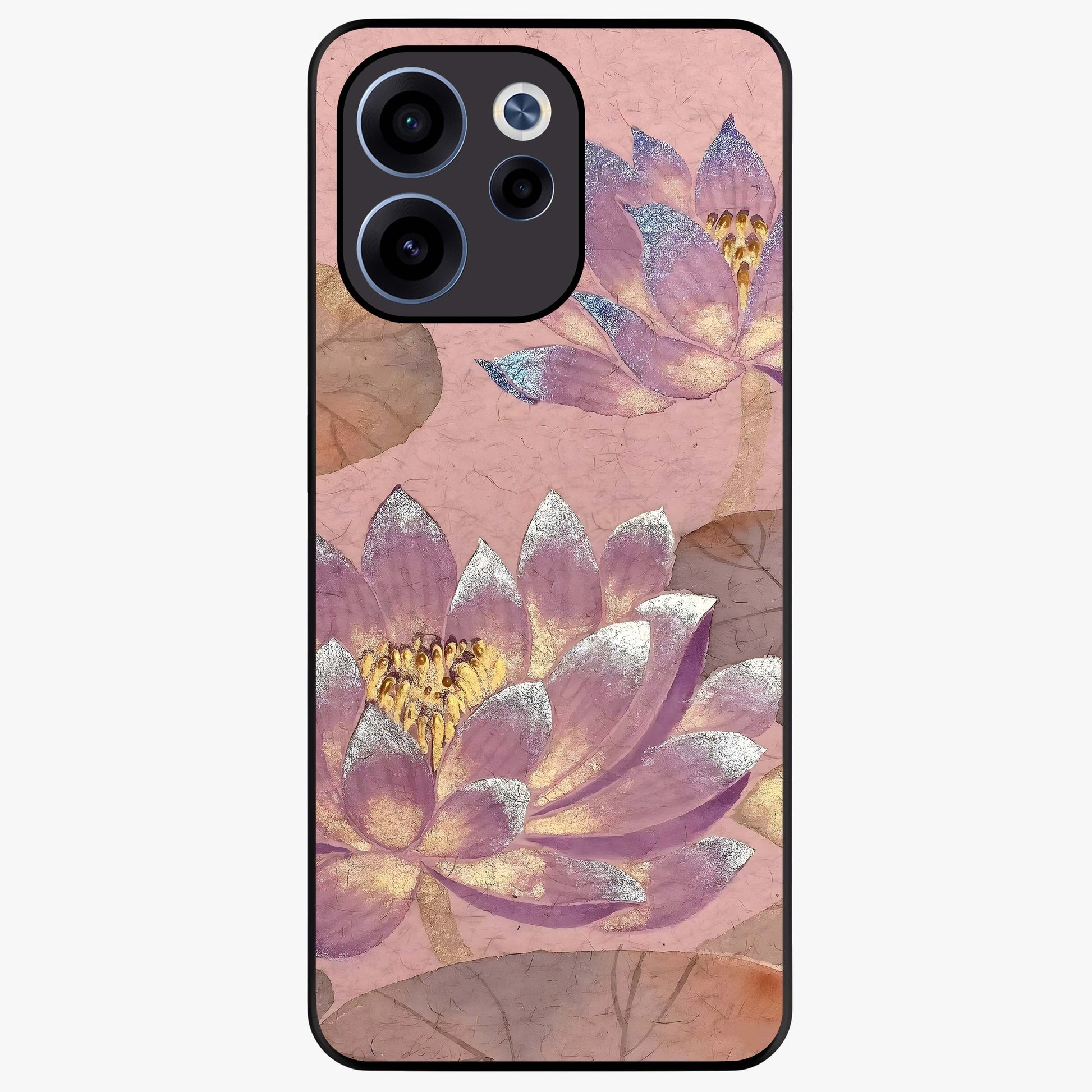 Blossom Mist Lotus Glass Case showing flat back view with serene lotus blossom artwork and glossy glass finish.