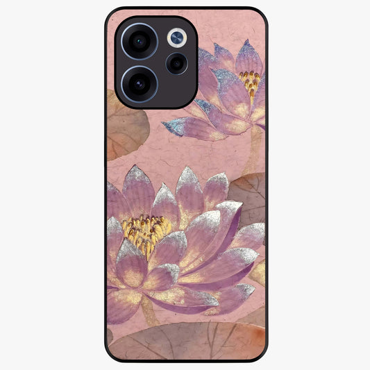 Blossom Mist Lotus Glass Case showing flat back view with serene lotus blossom artwork and glossy glass finish.