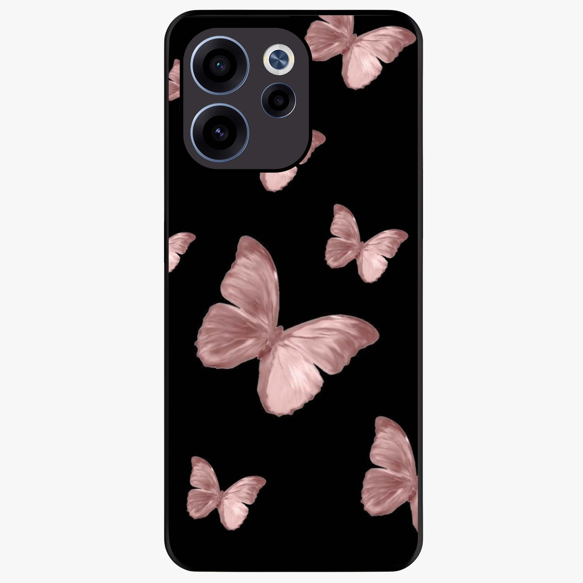 Butterfly Pattern Glass Case showing flat back view with elegant butterfly pattern artwork and glossy glass finish.
