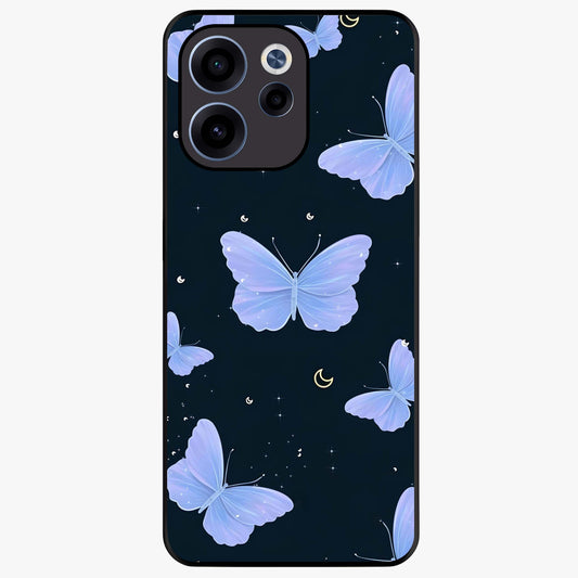 Butterfly With Stars Pattern Glass Case showing flat back view with butterfly and star pattern artwork and glossy glass finish.