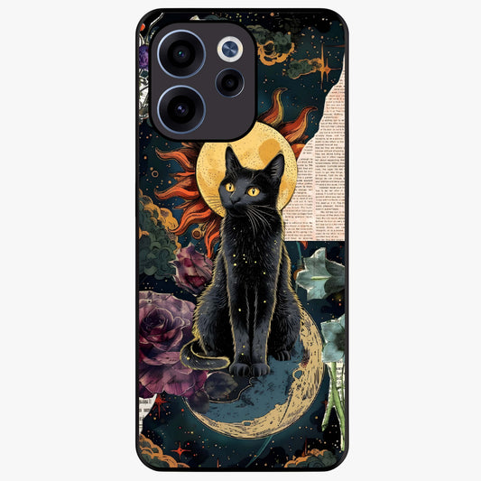 Celestial Black Cat Glass Case showing flat back view with mystical black cat artwork and glossy glass finish.
