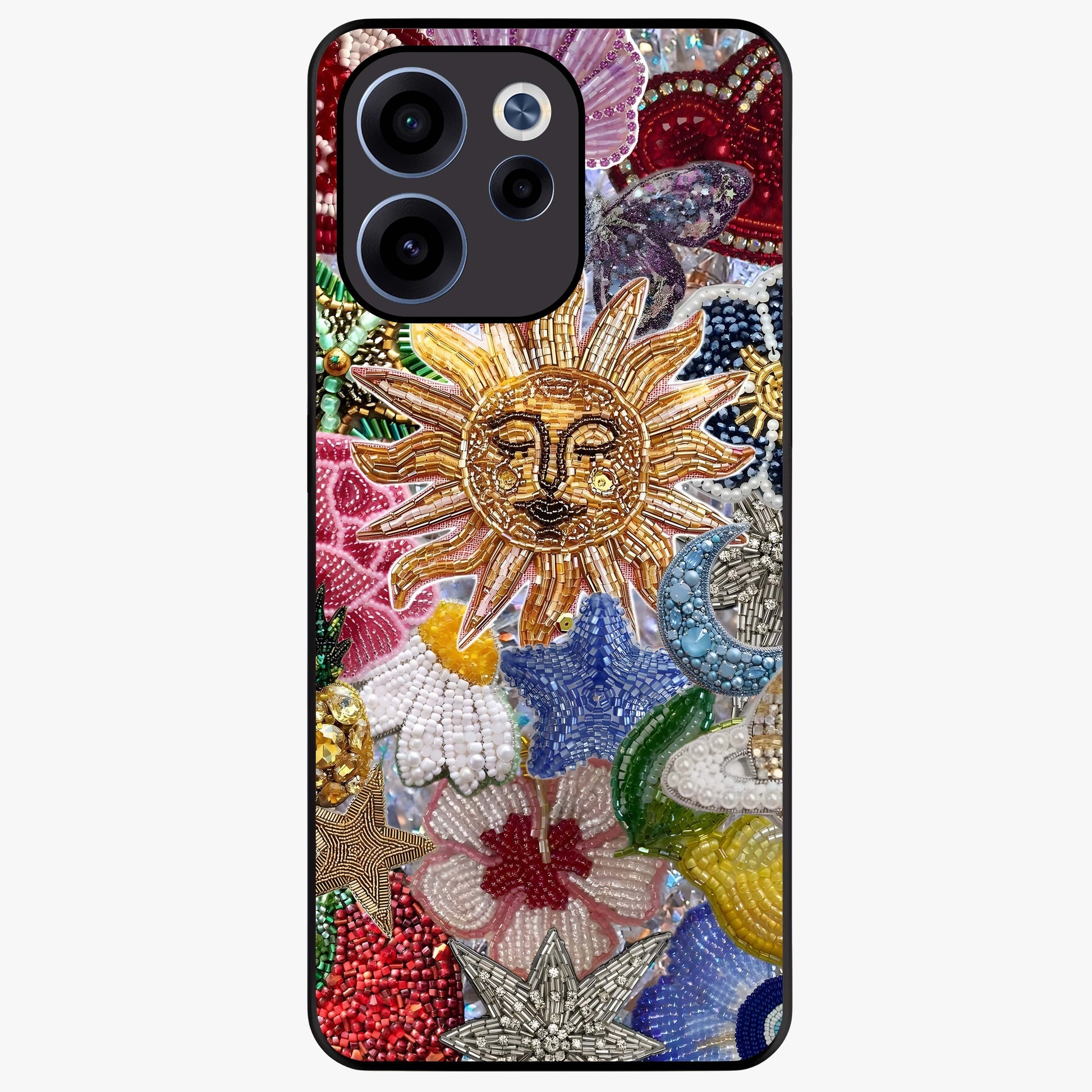 Celestial Floral and Playful Glass Case showing flat back view with floral and celestial themed artwork and glossy glass finish.