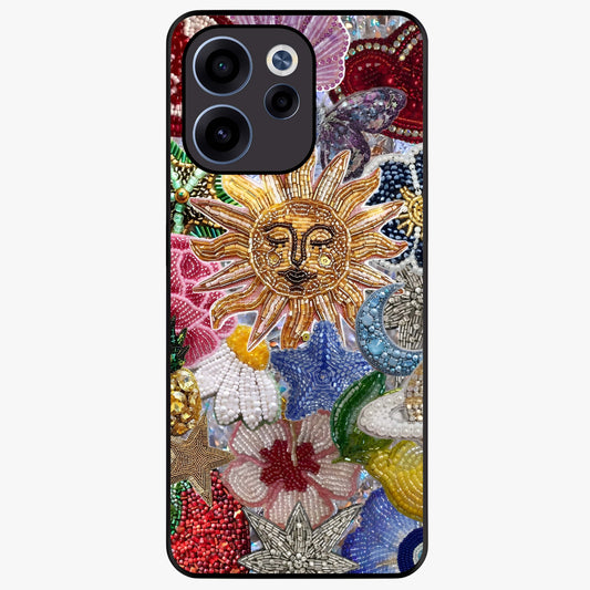 Celestial Floral and Playful Glass Case showing flat back view with floral and celestial themed artwork and glossy glass finish.