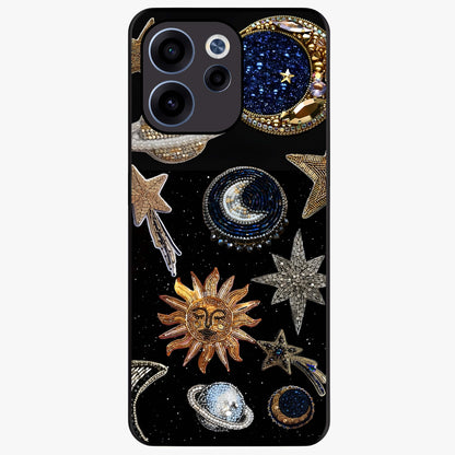 Celestial Gem Constellations Glass Case showing flat back view with sparkling constellation artwork and glossy glass finish.