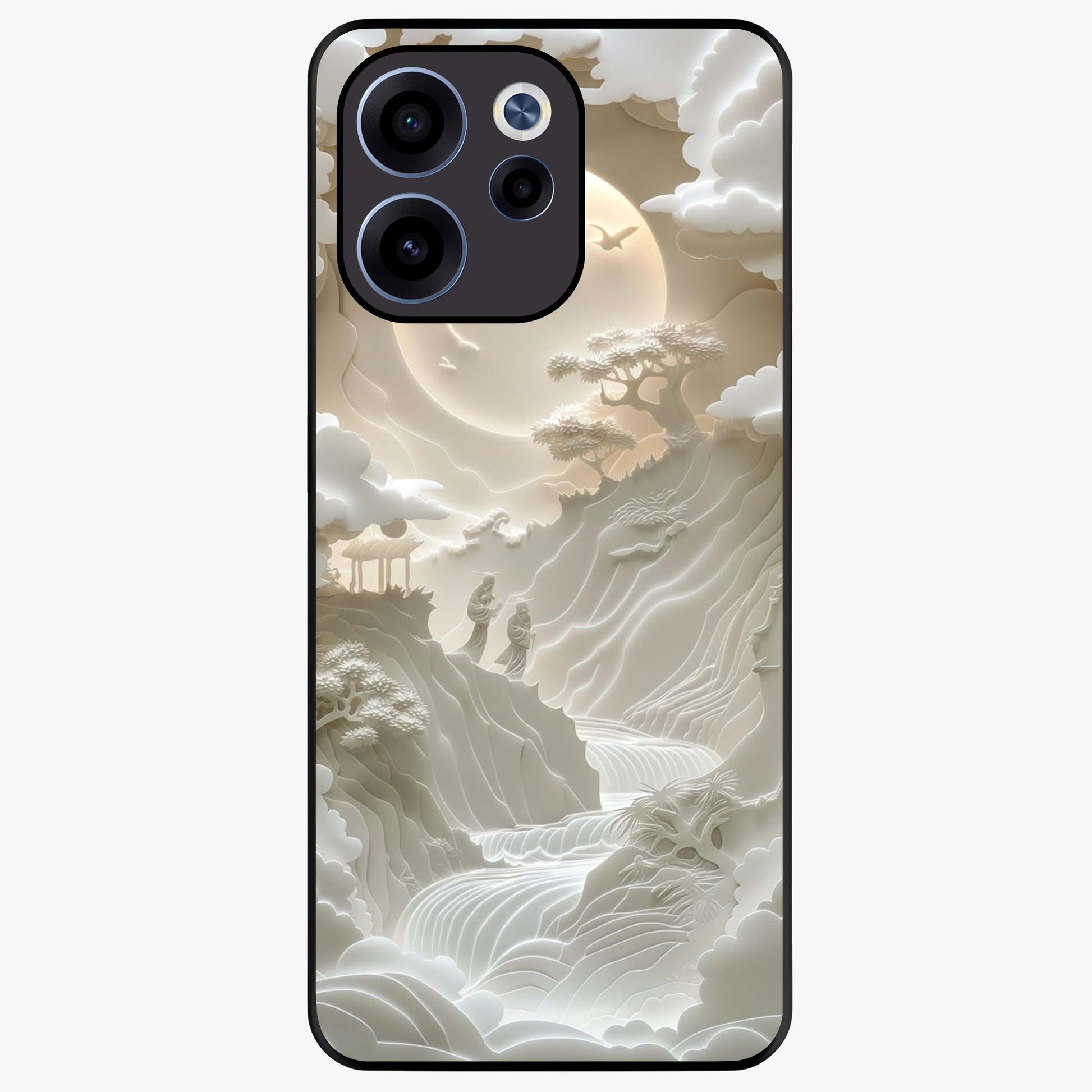 Celestial Origami Glass Case showing flat back view with artistic origami inspired celestial artwork and glossy glass finish.