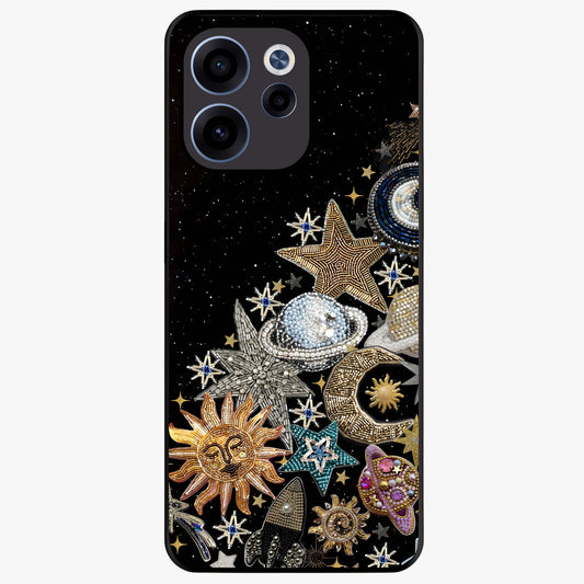 Cosmic Sparkle Dreams Glass Case showing flat back view with sparkling cosmic artwork and glossy glass finish.