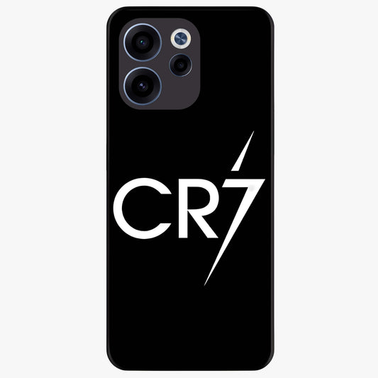 Cr7 Elite Strike Glass Case showing flat back view with dynamic football inspired artwork and glossy glass finish.