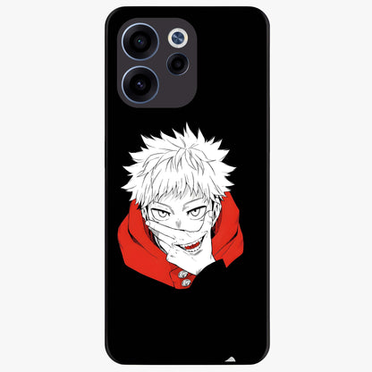 Crimson Chaos Smile Glass Case showing flat back view with bold chaotic smile artwork and glossy glass finish.
