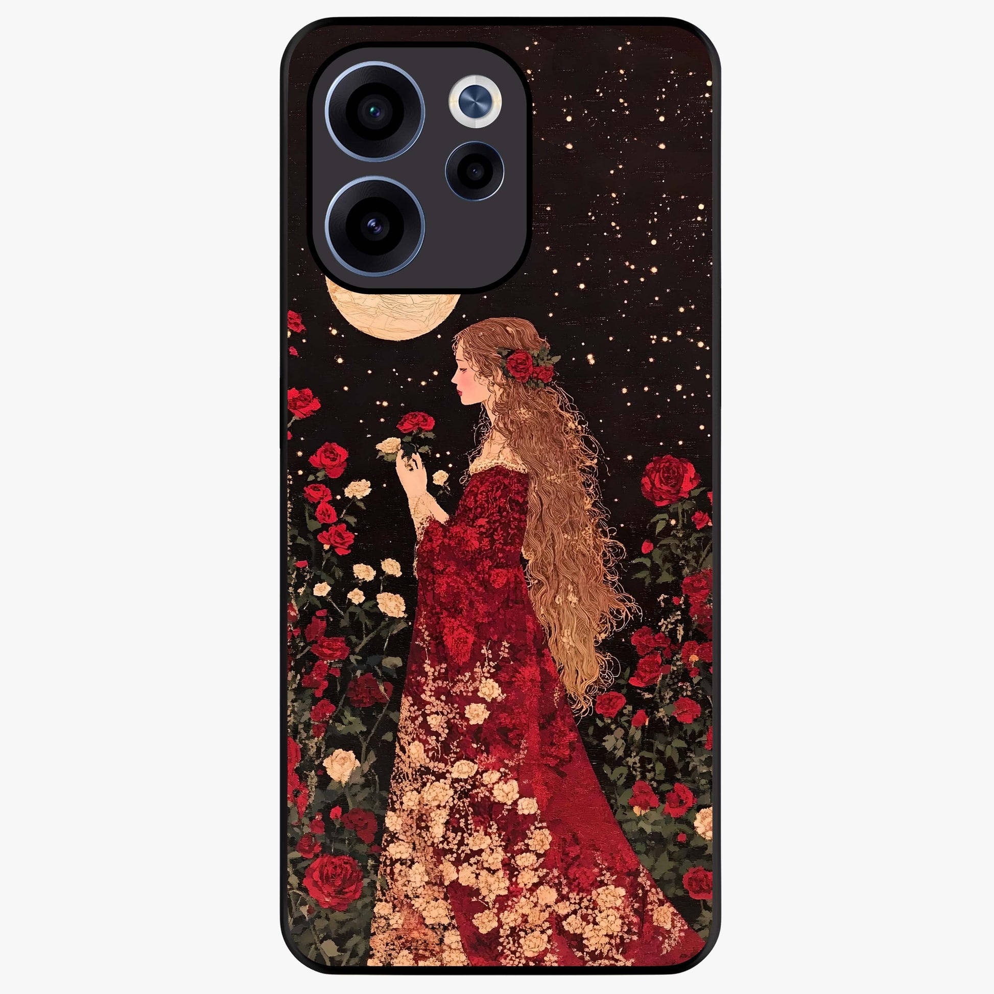 Crimson Dreams Glass Case showing flat back view with dreamy crimson artwork and glossy glass finish.