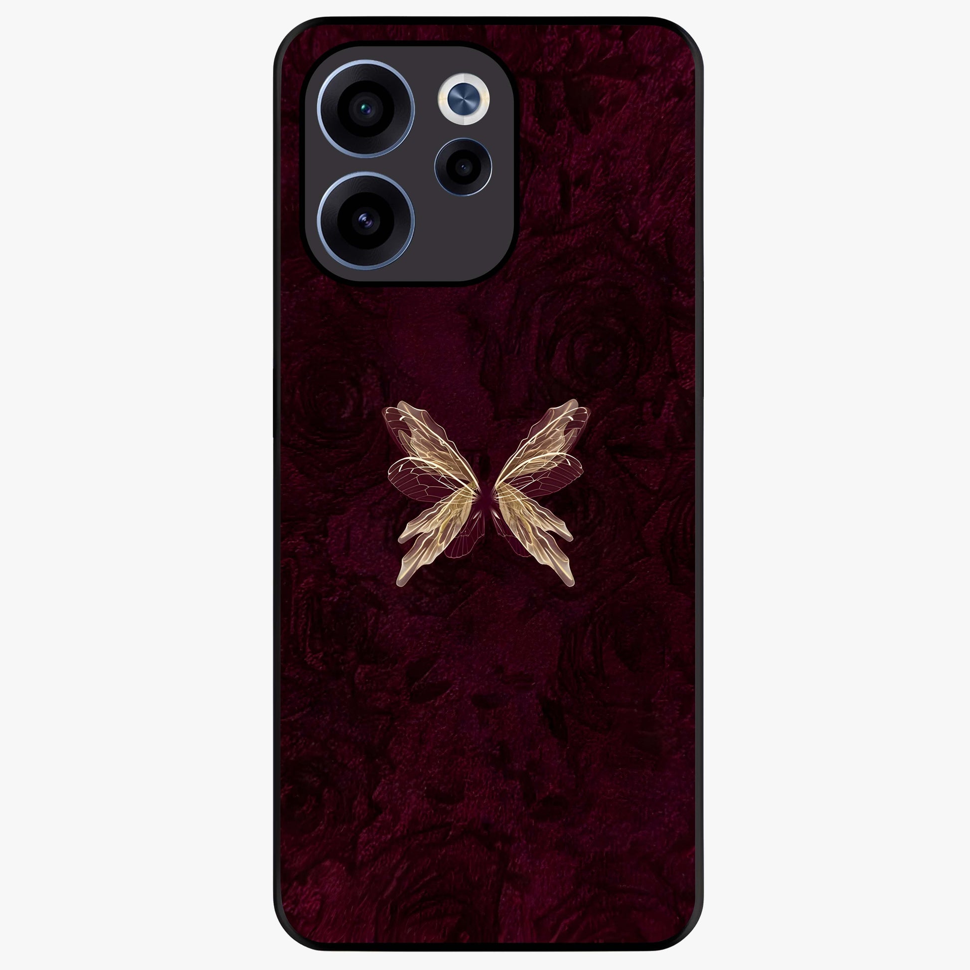 Crimson Fade Butterfly Glass Case showing flat back view with fading butterfly artwork and glossy glass finish.
