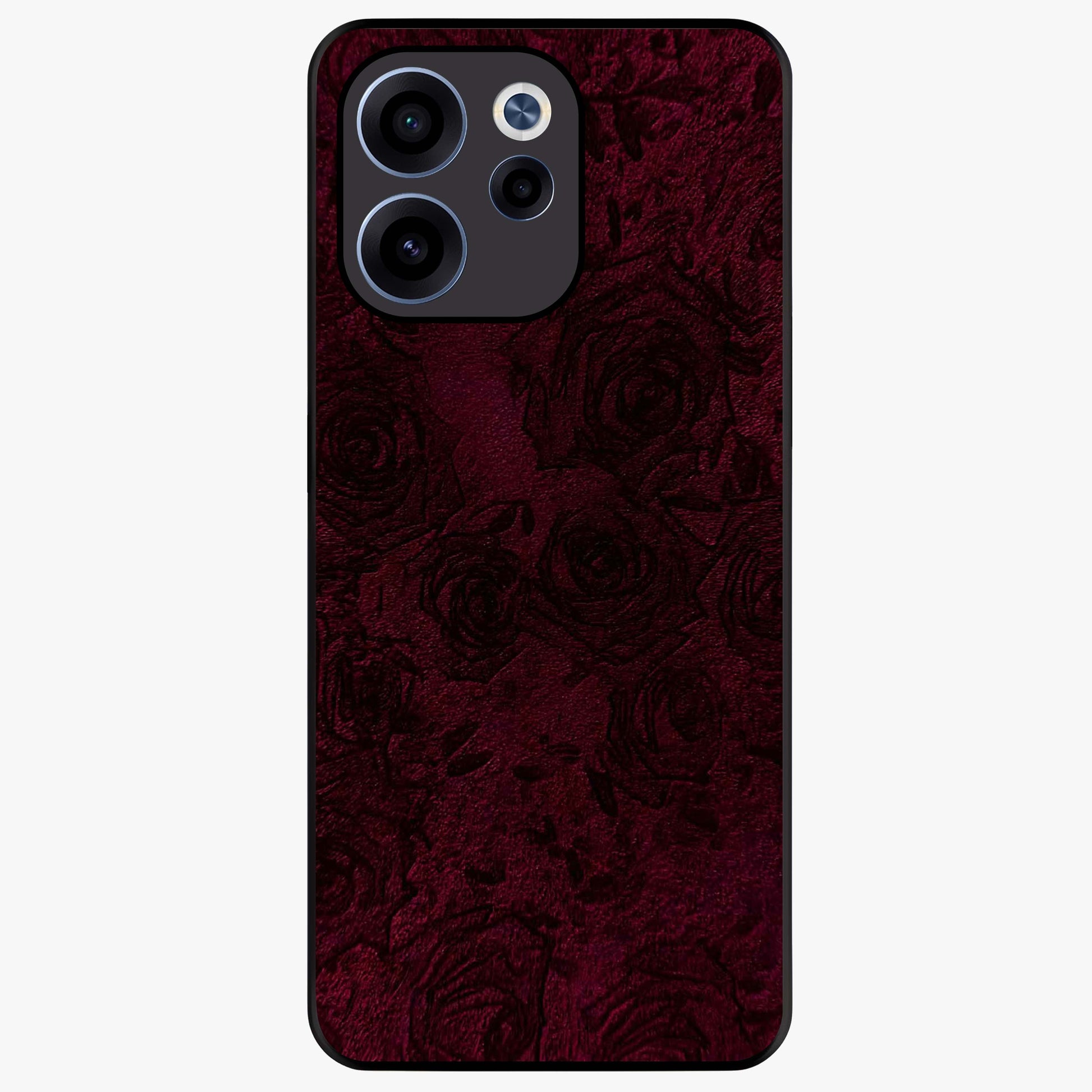 Crimson Fade Flow Glass Case showing flat back view with flowing crimson gradient artwork and glossy glass finish.
